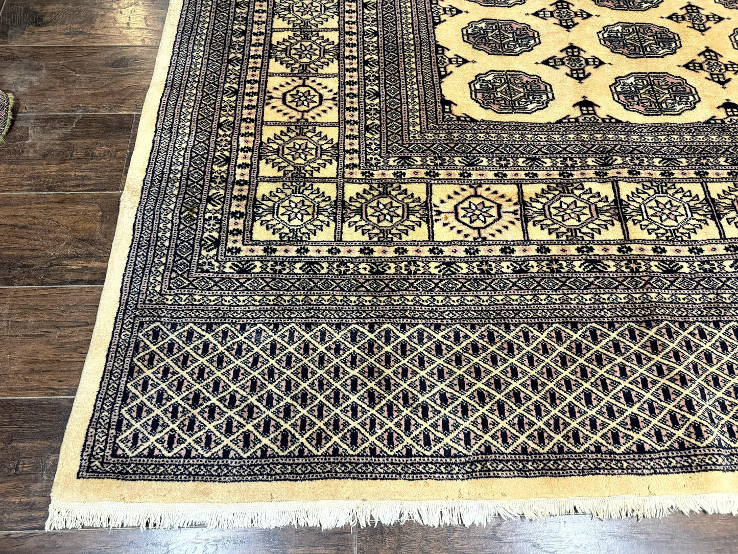 USED Pakistani Bokhara Turkoman Rug 9x11, Cream, Handmade Wool Vintage Carpet