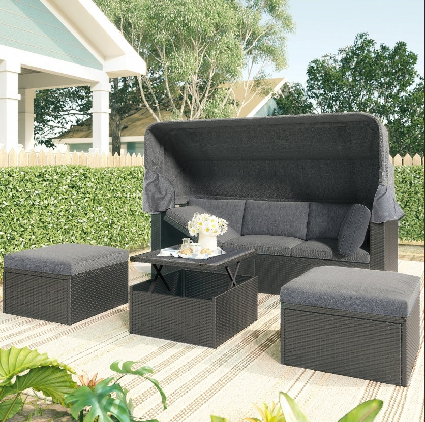 NEW U Style Rattan Wicker Sectional Sofa Seating Outdoor Patio Rectangle Daybed With Canopy