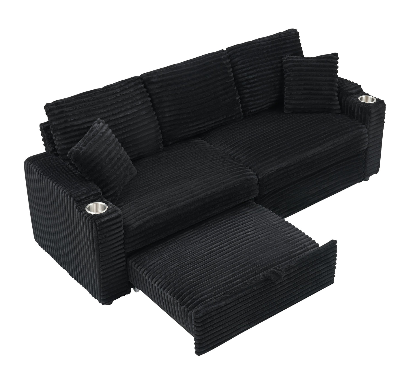 NEW 80-inch 2-in-1 Folding Black Corduroy fabric Sofa equipped with Cup Holder and Pillow