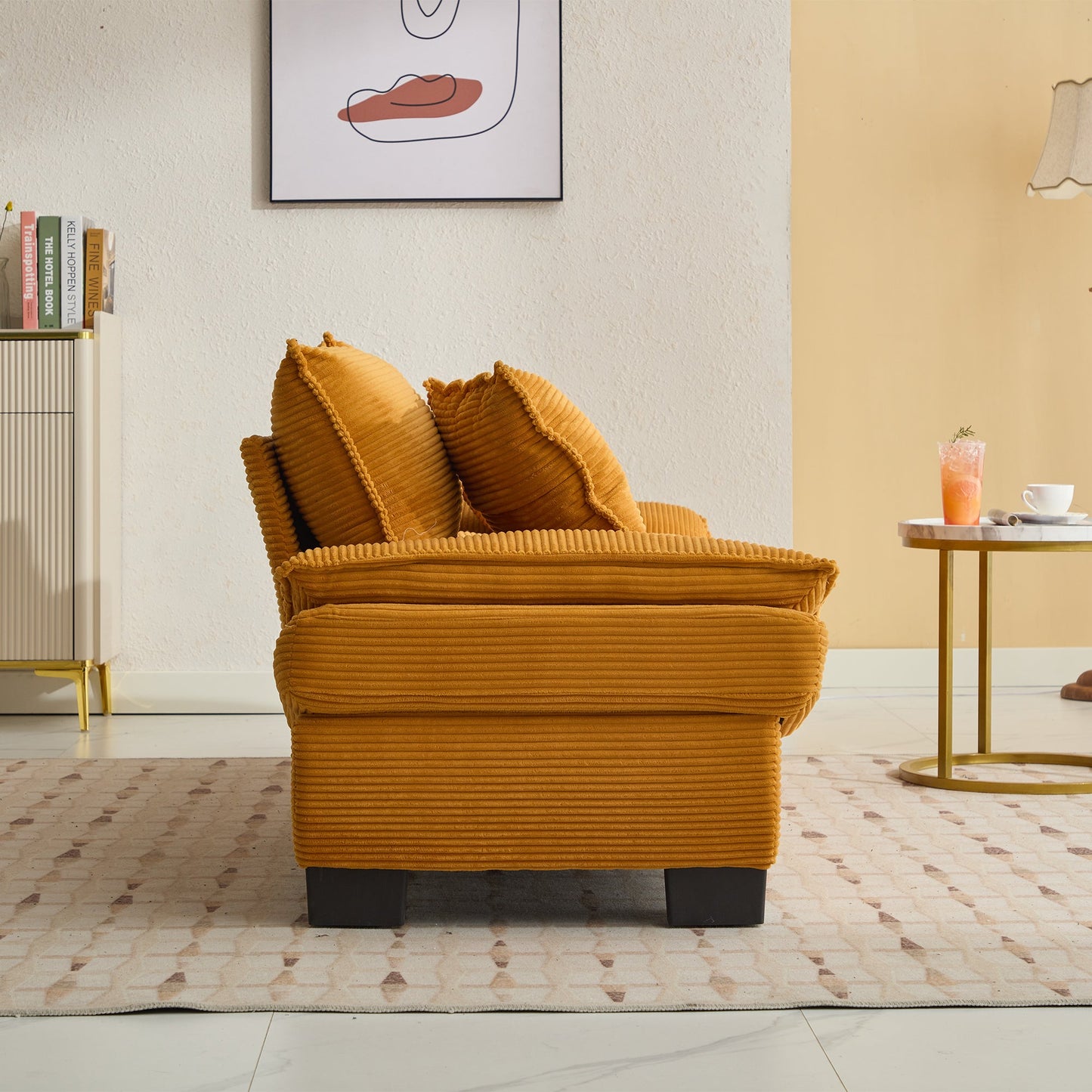 NEW Comfy Upholstered Deep Seat Yellow Corduroy Sleeper Couch Loveseat Sofa with Pillows