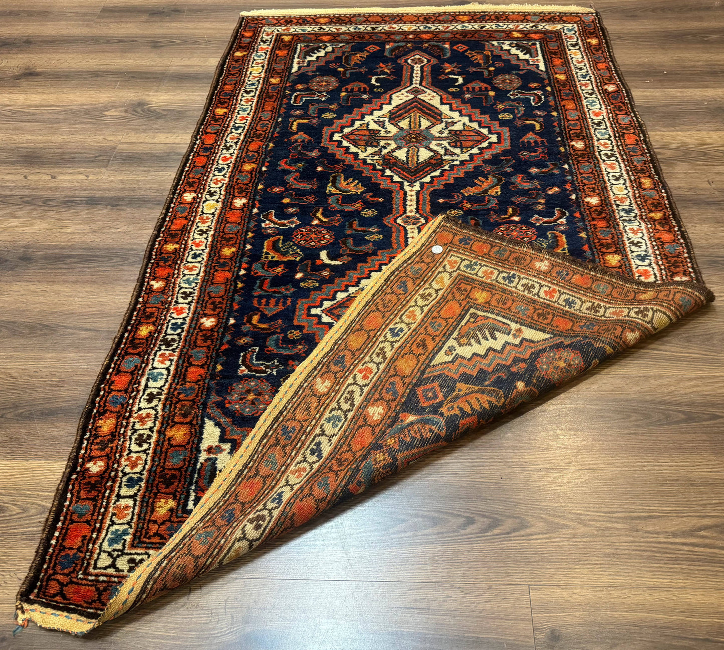 USED Antique Persian Hamadan Rug 4x6, Geometric, Double Medallions, Navy Blue, Tribal Carpet