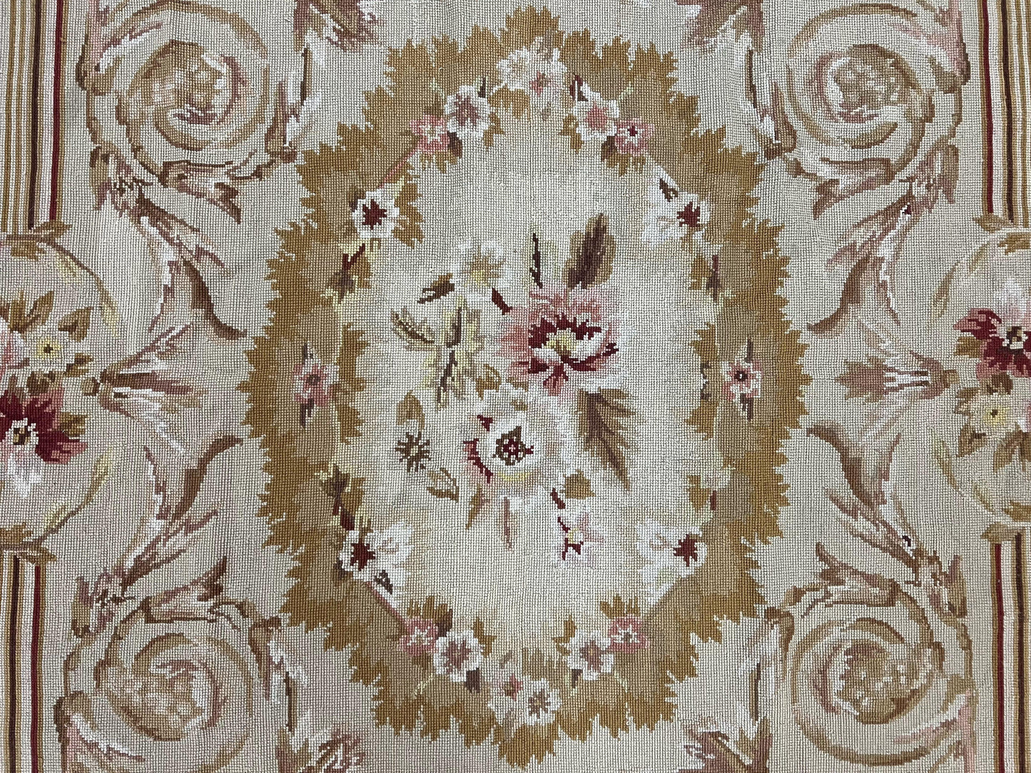 USED Aubusson Needlepoint Rug 4x5 ft, Beige and Tan, Aubusson Savonnerie Vintage Carpet, Handwoven Handmade Wool Rug, European Design Floral Rose