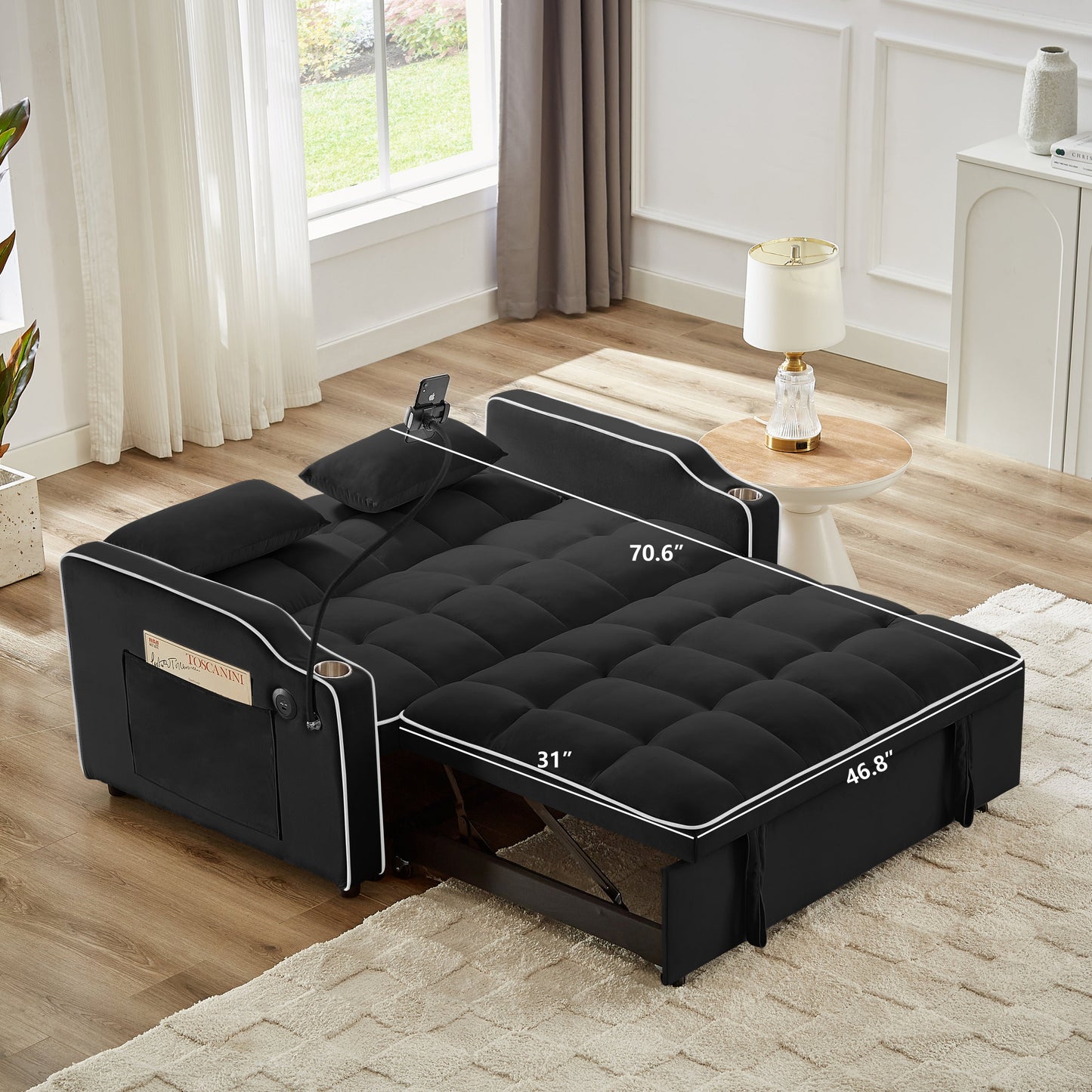 NEW 1 versatile foldable sofa bed in 3 lengths, modern sofa sofa sofa velvet pull-out bed, adjustable back and with USB port and ashtray and swivel phone stand (black)