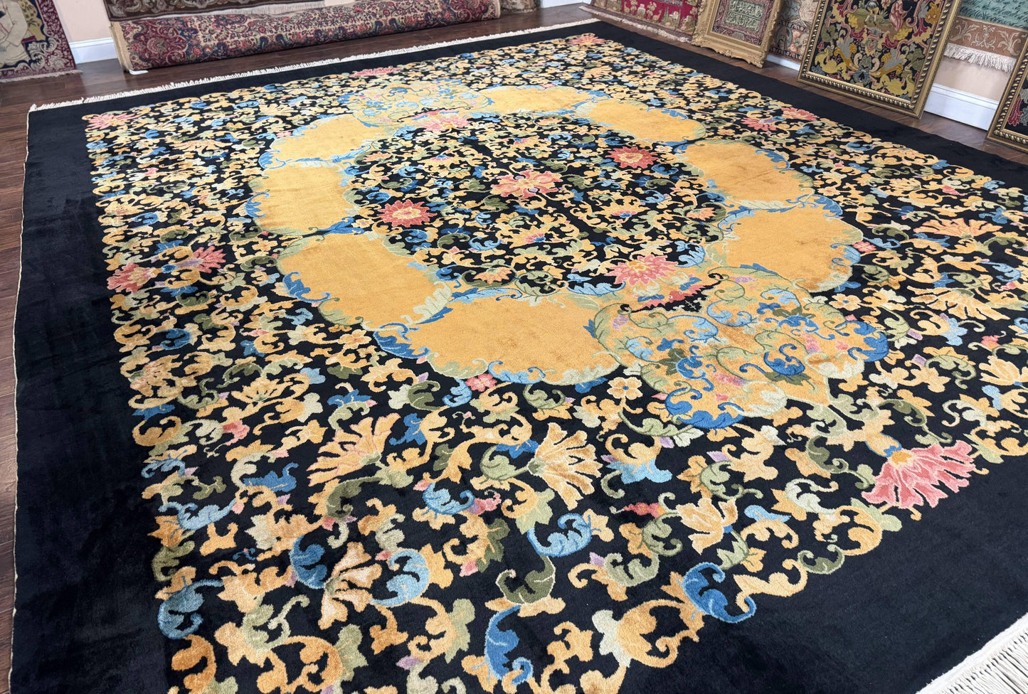 USED Antique Chinese Peking Rug 12.6 x 14.9, Palace Size Asian Oriental Carpet, Art Deco Rug, Rare