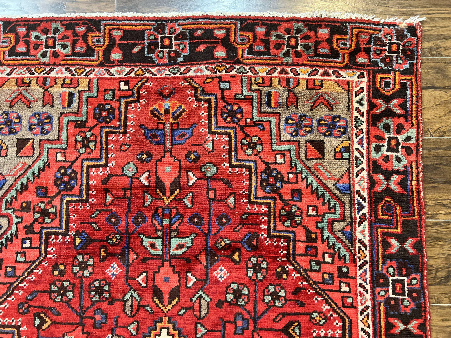 USED Antique Persian Tribal Rug 4x7, Red, Geometric Medallion, Handmade, Wool, Persian Zanjan Rug