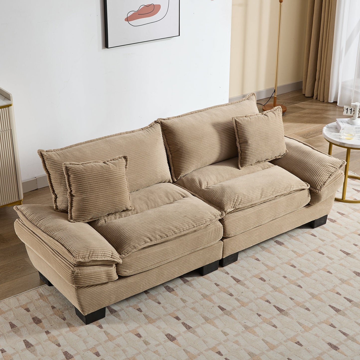 NEW Khaki Corduroy Sofa Sleeper Couch Loveseat with Pillows Comfy Upholstered Deep Seating