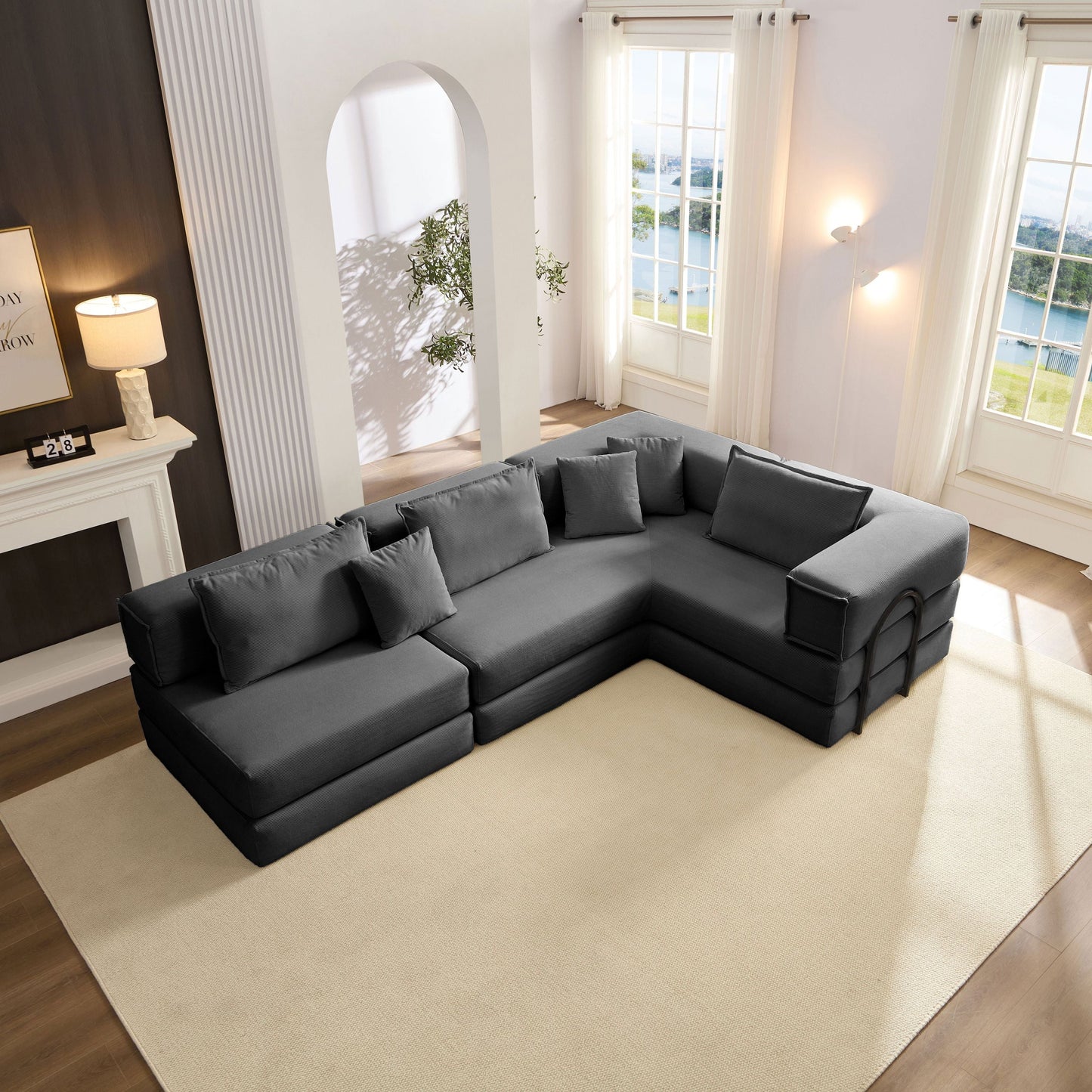 NEW Oversized Black Upholstered Sectional Sofa Set Modular 118.2' L Shaped Living Room Sofa Set with 6 Pillows