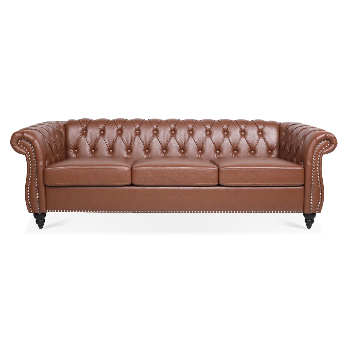 NEW Classic Chesterfield Three Seater Sofa Brown PU Leather with Rolled Arms and Birch Legs 84.65 Inches