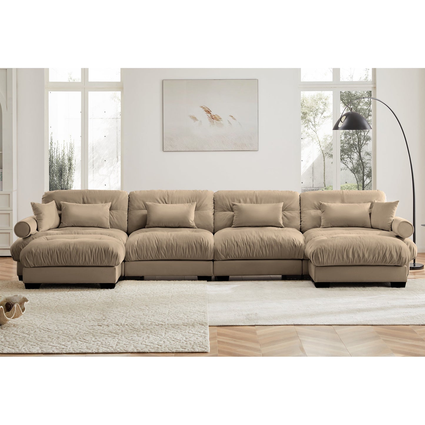 NEW Modern Velvet U Shaped Sectional Sofa Cloud Couch with Movable Ottomans and Bolstered Armrests in Camel