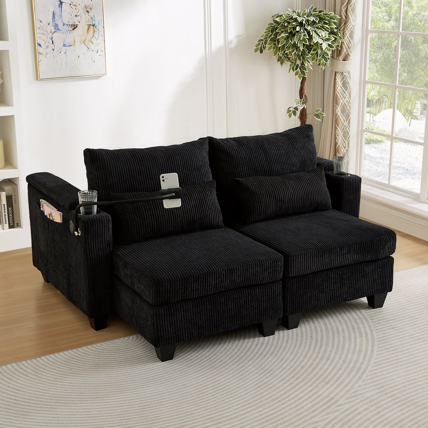 NEW Convertible Chaise Lounge 63' Loveseat Sofa Bed with USB Ports, Cup Holders, Phone Holder & Storage, Black Corduroy