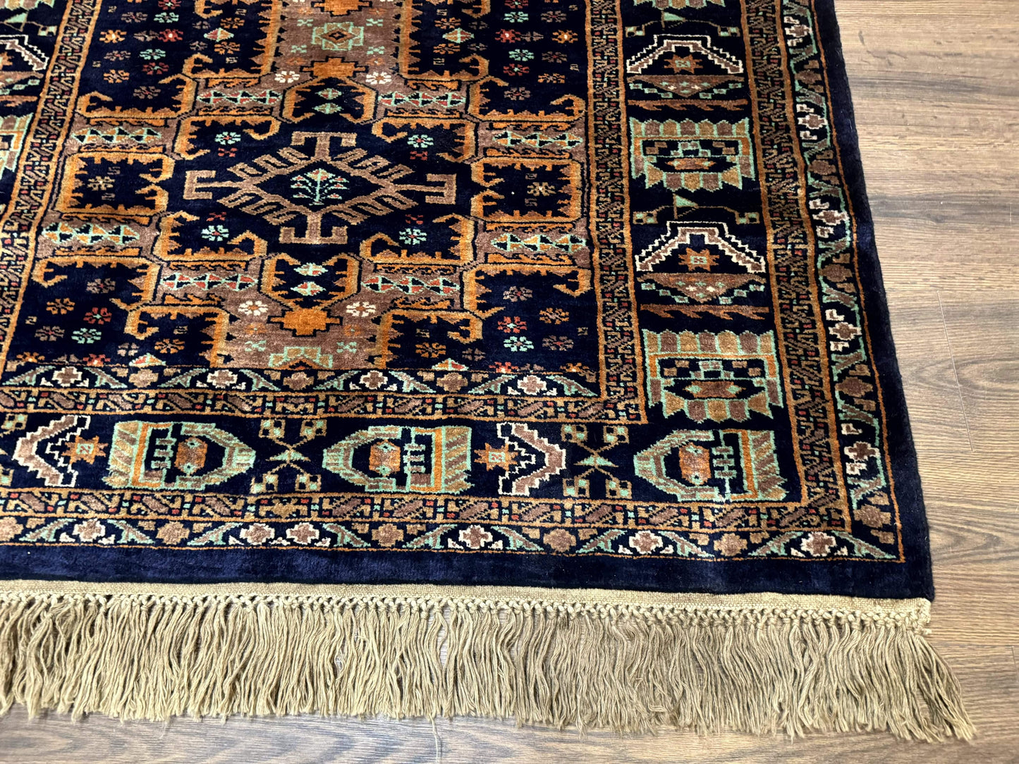 USED Vintage Afghan Rug 4x6, Navy Blue and Light Brown, Geometric Medallions, Wool on Wool, Tribal Rug