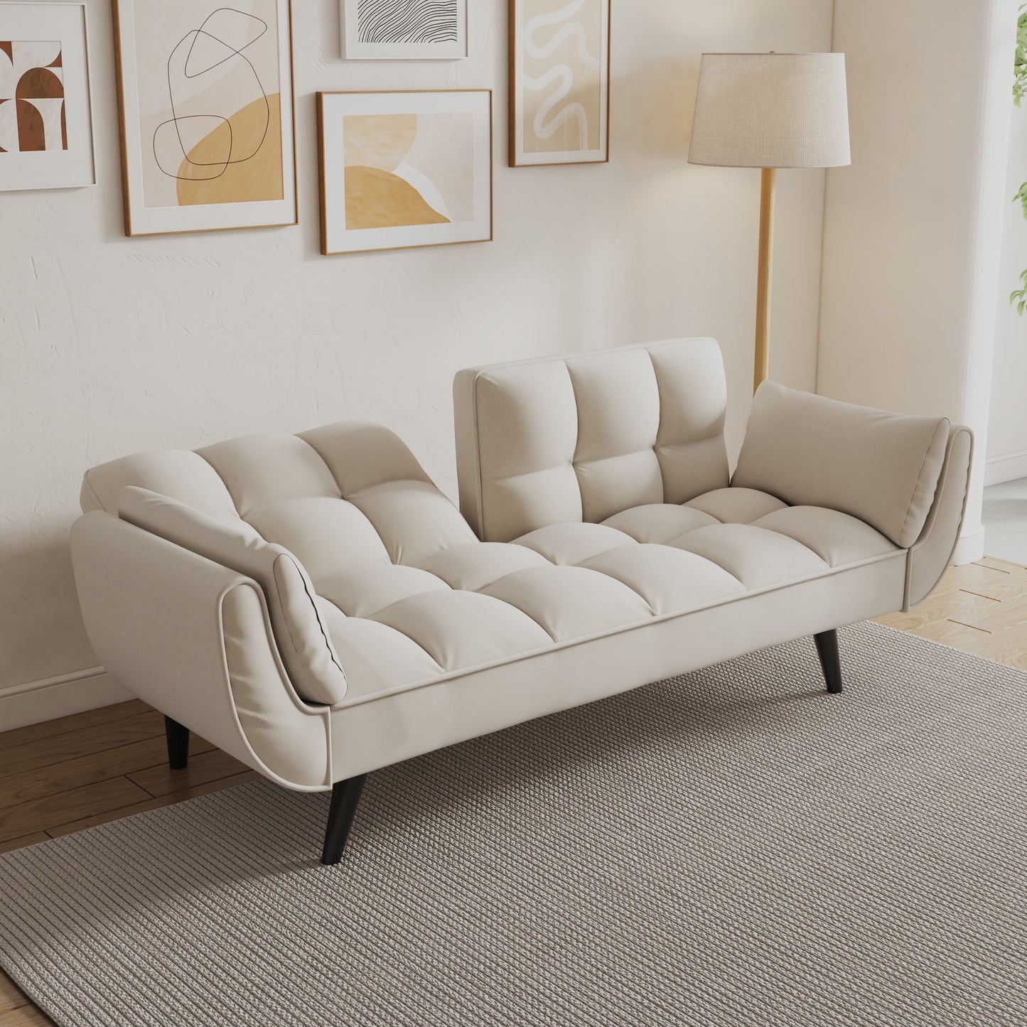 NEW 57" Beige Velvet Sofa with Two Armrests and Cushioned Seat for Small Spaces