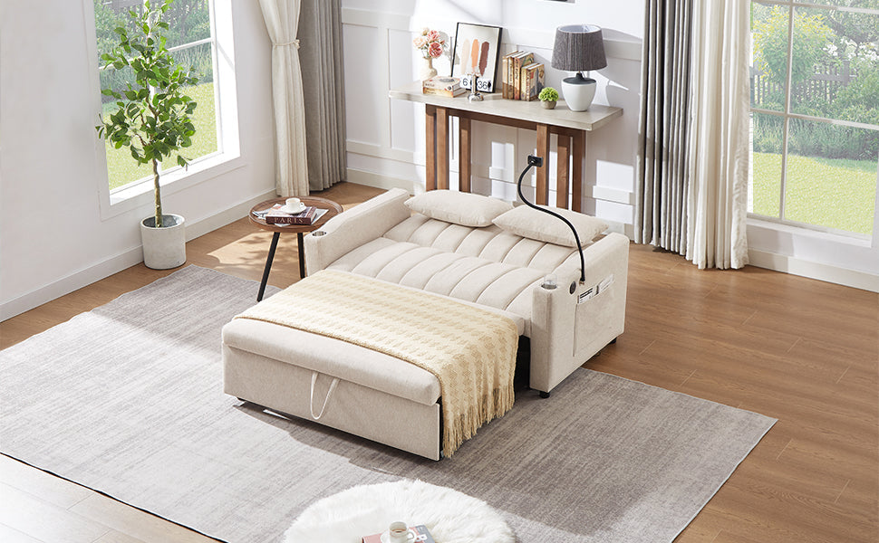 NEW Beige Bella Fabric Convertible Sofa Bed Loveseat