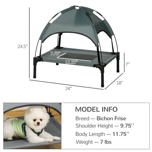 NEW PawHut 24in Gray Elevated Portable Metal Frame Dog Cot Pet Bed With UV Protection Canopy Shade