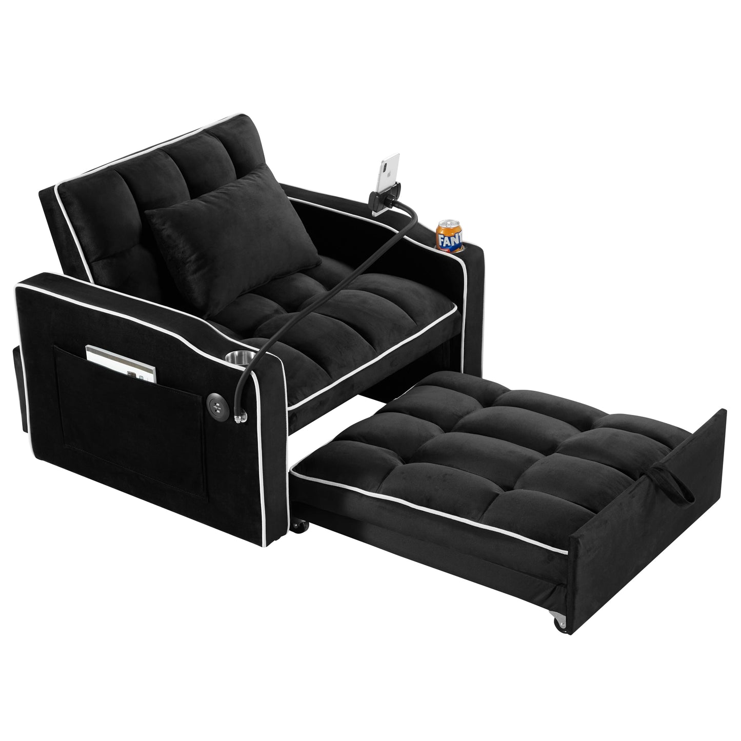 NEW Black Velvet Convertible Adjustable Sleeper Chair Pull Out Sofa Bed with Multi-Pockets