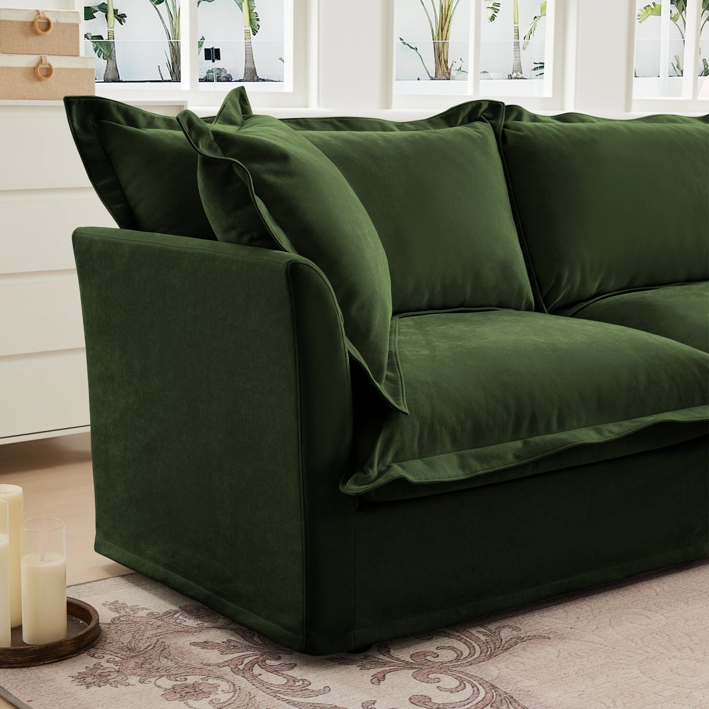 NEW Slip-covered Armchair with 1 Big Back Cushion and 2 Big Toss Pillows, Single Deep Seat Comfy Single Couch Sofa Multiple Large Soft Pillows, Chenille Fabric, Green