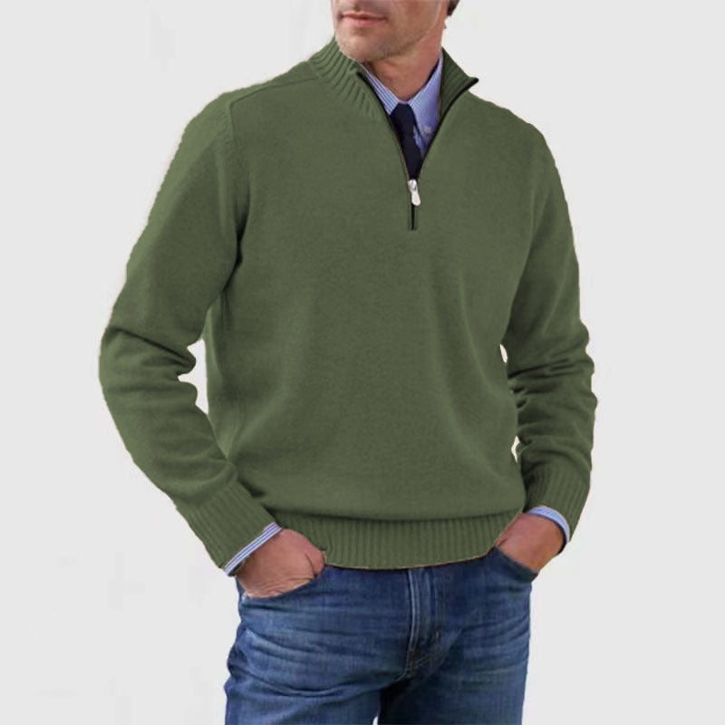 New Men's Stand Collar Zipper Sweater Winter Fashion Solid Color Long Sleeve Knitted Top Clothing