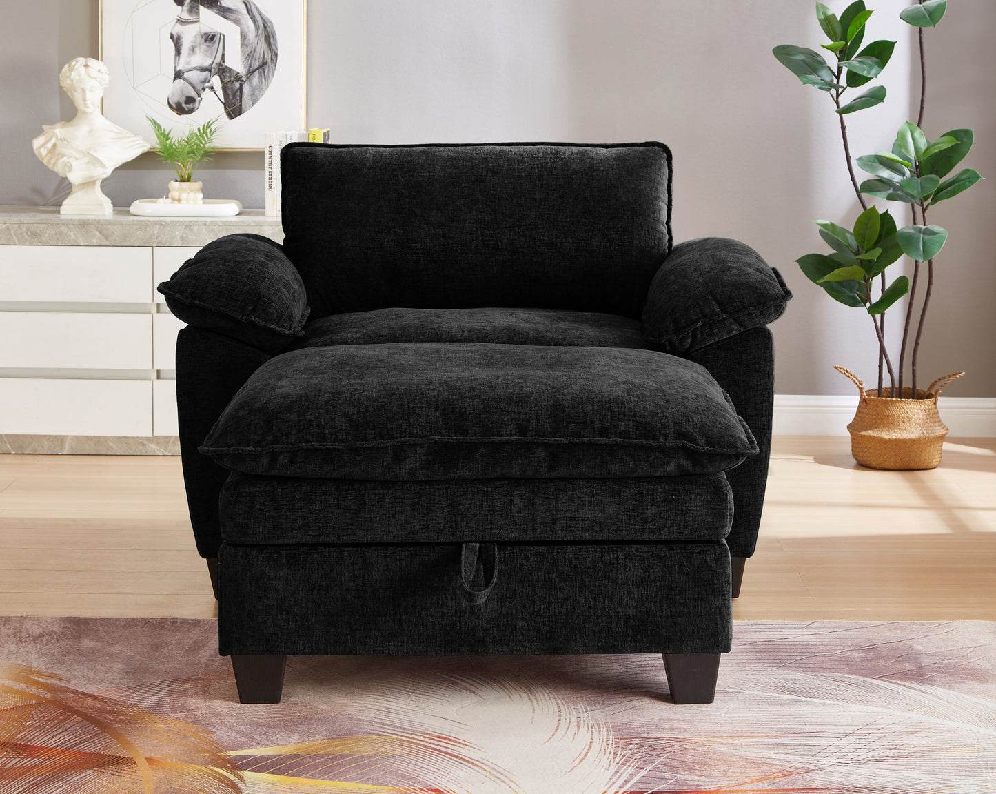 NEW 51' Oversize Chaise Lounge Chair with Ottoman and Storage  Upholstered Soft Chenille Black