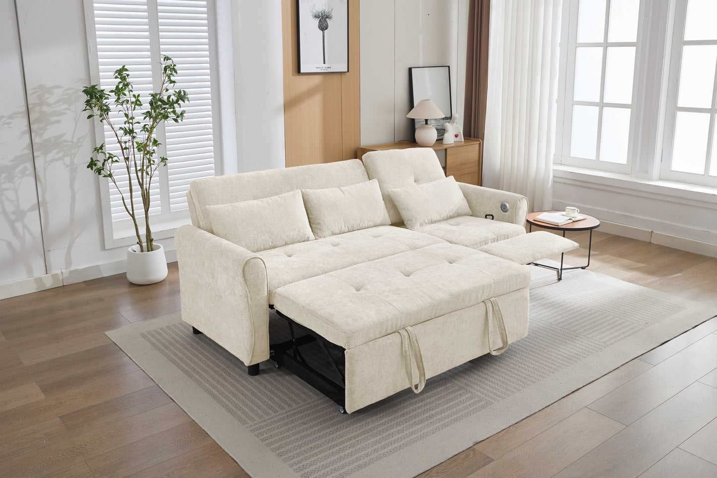 NEW Beige 82' Chenille Upholstered Two-in-One  Three-Seat Sofa with Pull-out Bed