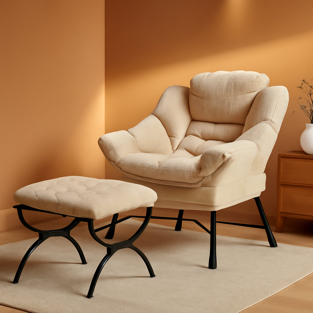 NEW Oversized White Corduroy Reading Chair With Ottoman