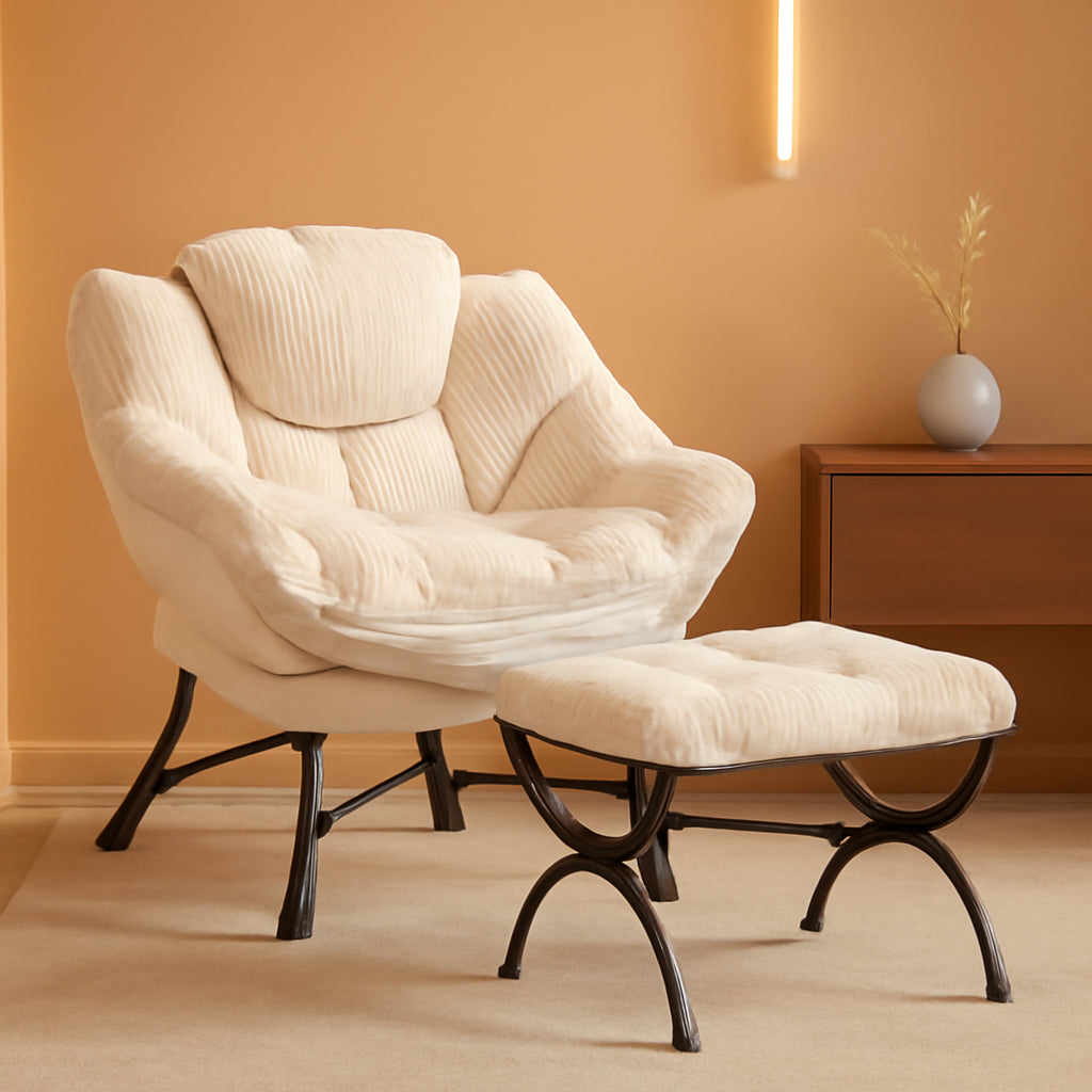 NEW Large Corduroy White Armchair With Ottoman Footrest