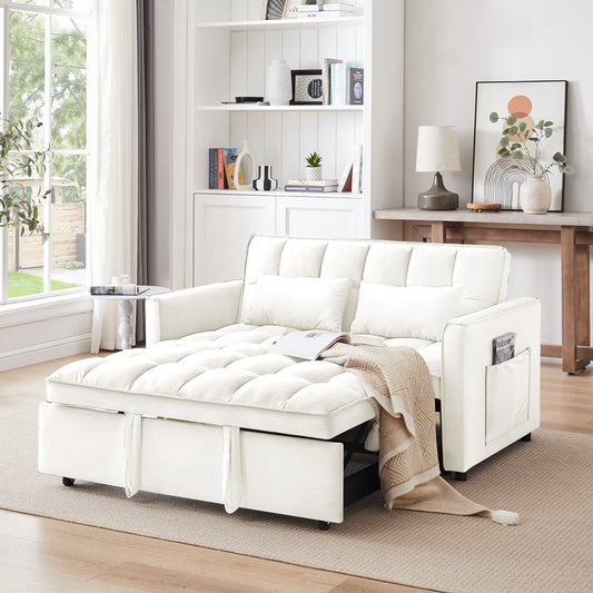 NEW 55.1-inch 3-in-1 Off White Convertible Modern Velvet Double Sofa Futon Bed with Adjustable Back Storage Bag and Pillow