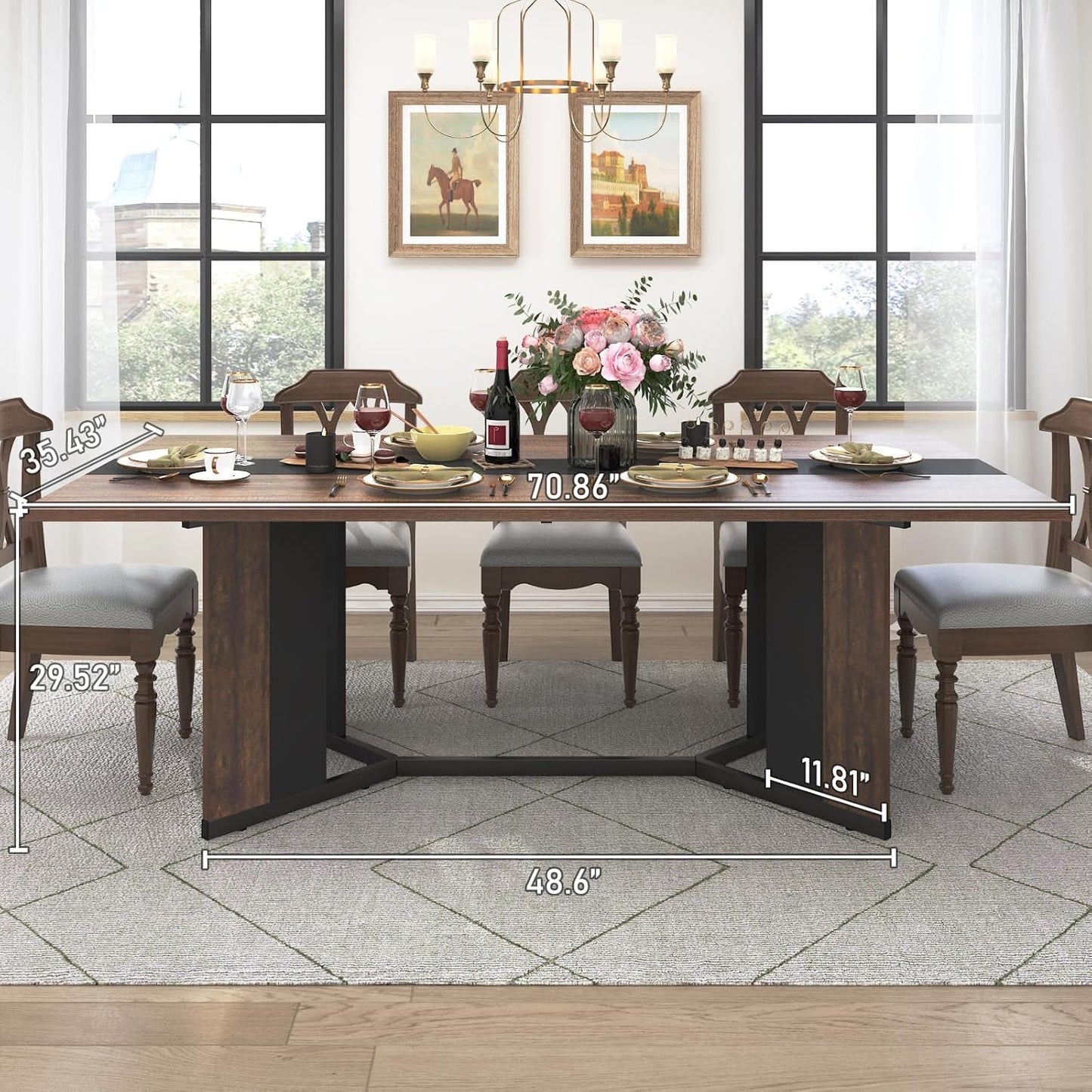 NEW 71In Large Rectangular Dining Table With Brown Tabletop