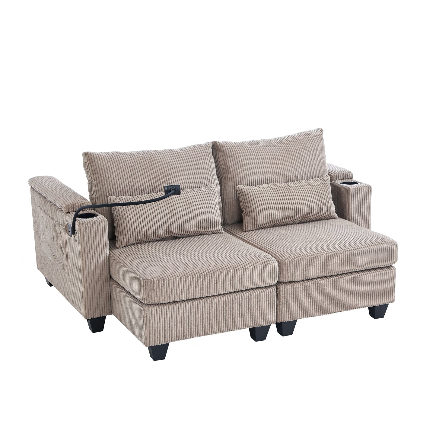 NEW Convertible Chaise Lounge 63' Loveseat Sofa Bed with USB Ports, Cup Holders, Phone Holder, Storage, Brown Corduroy