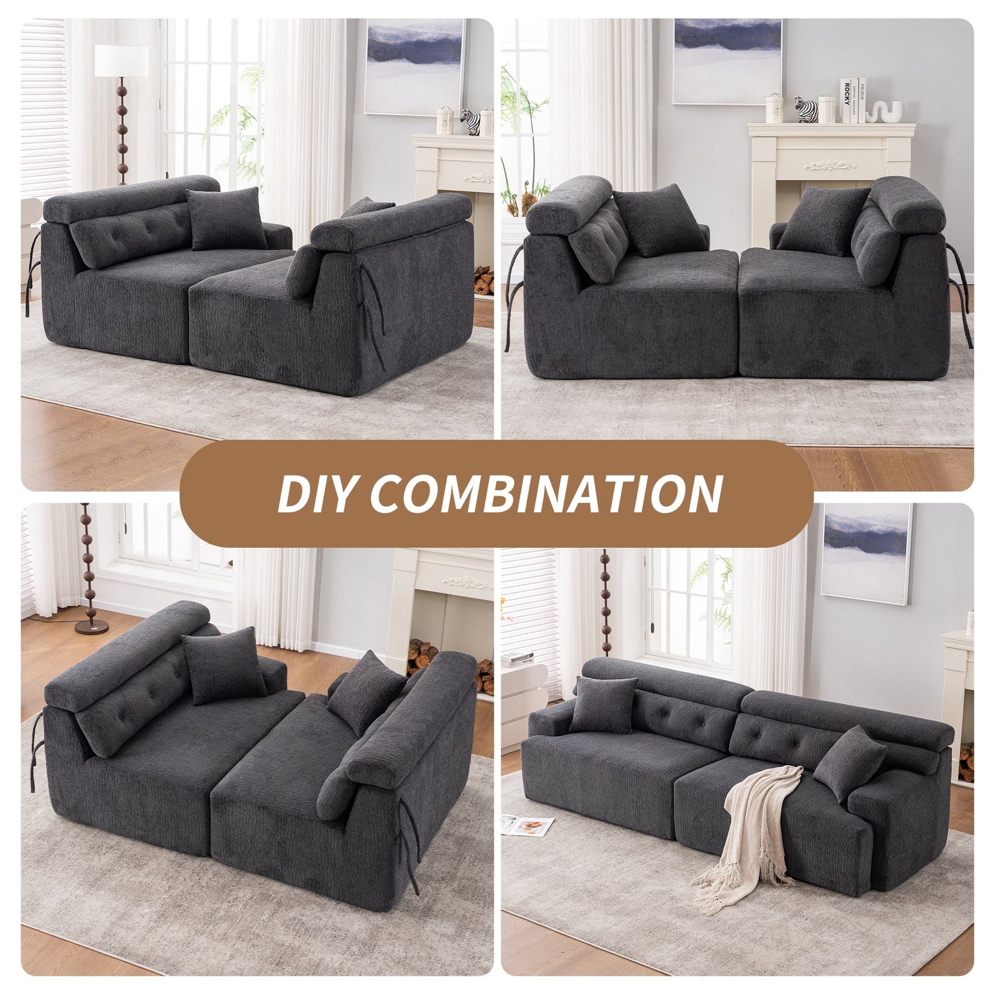 NEW LY-029 Gray 4-Seater Wood Grain Chenille Fabric Full Sponge Compression Sofa with 2 Pillows