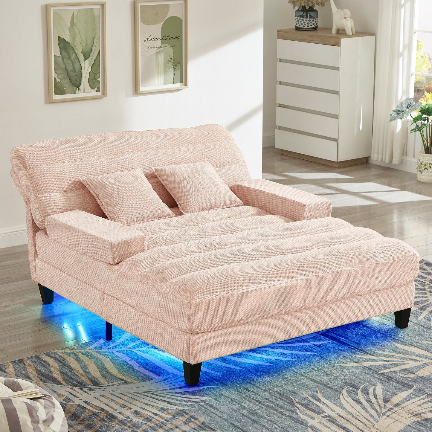 NEW Modern Pink Chenille Upholstered 57.1’ Chaise Lounge Sofa Bed with Adjustable Backrest and LED Light Strip