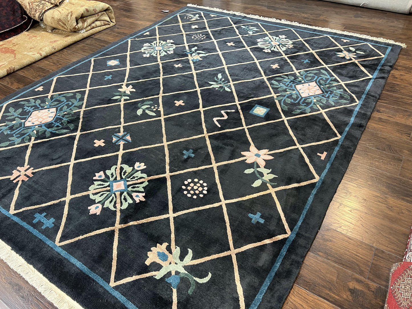 USED Tibetan Rug 9x12, Hand Knotted Tibet Nepali Contemporary Carpet 9 x 12 ft, Black and Tan, Handmade Area Rug Room Sized, Nepalese Rug