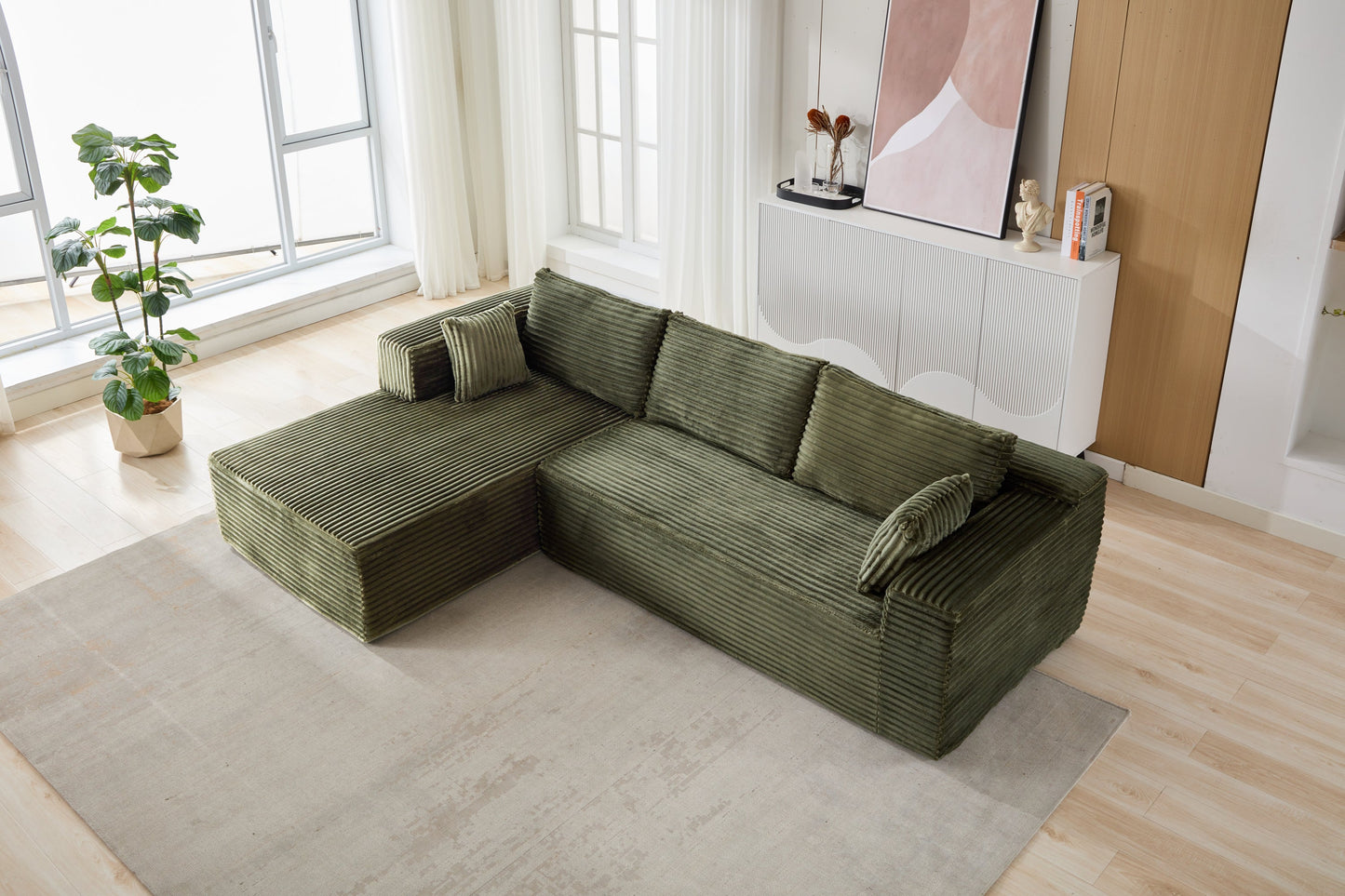 NEW Compression Sectional Couch with Comfy Chaise, Boneless L Shape Sofa with Deep Seat, Minimalist Modular Couches Sleeper for Living Room Bedroom Apartment Lounge,corduroy,Green
