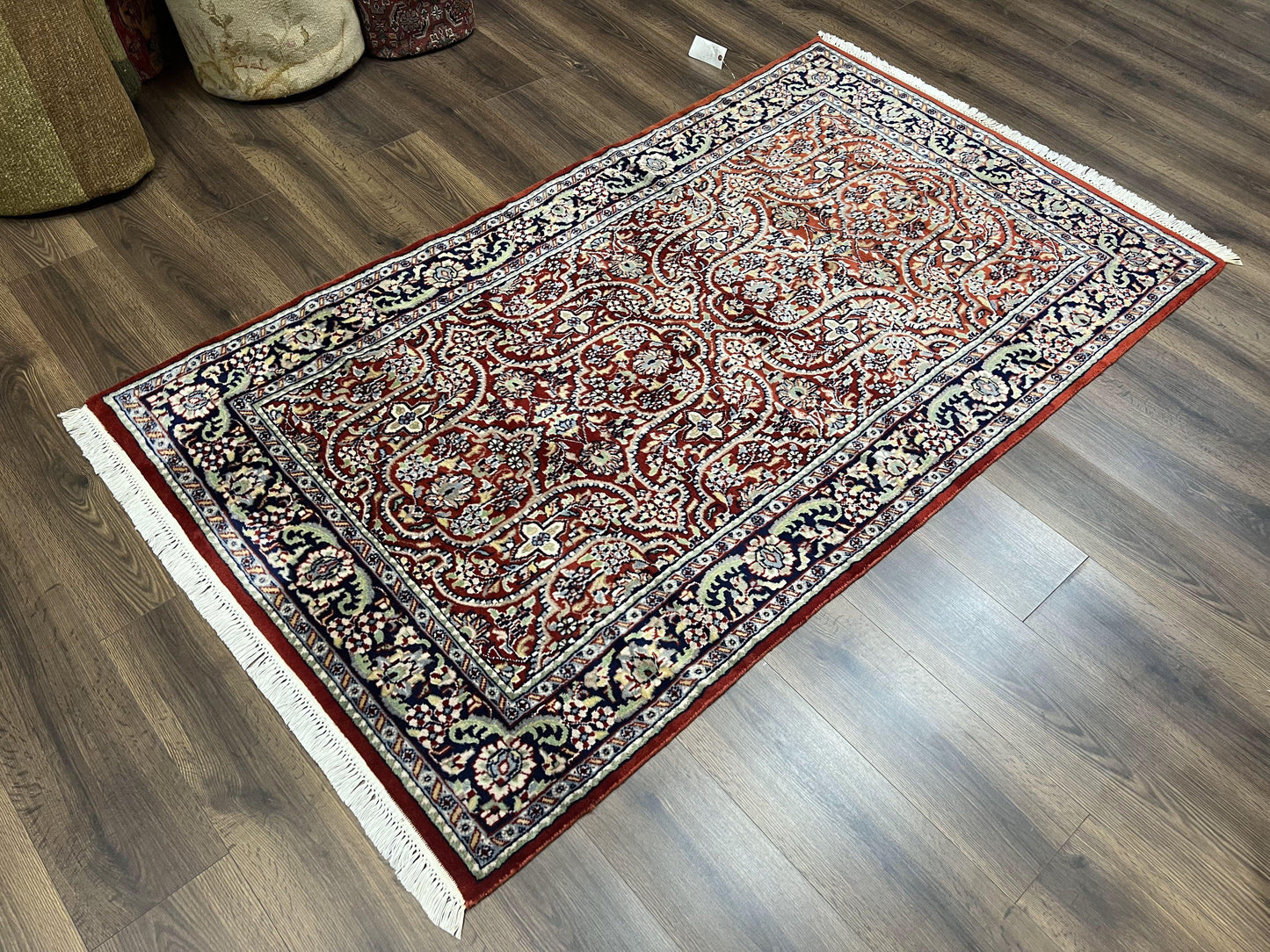 USED Indo Persian Rug 4x7, Allover Floral Oriental Carpet, Red and Navy Blue, Hand Knotted Indian Kashmiri Traditional Vintage Area Rug 4 x 7 ft