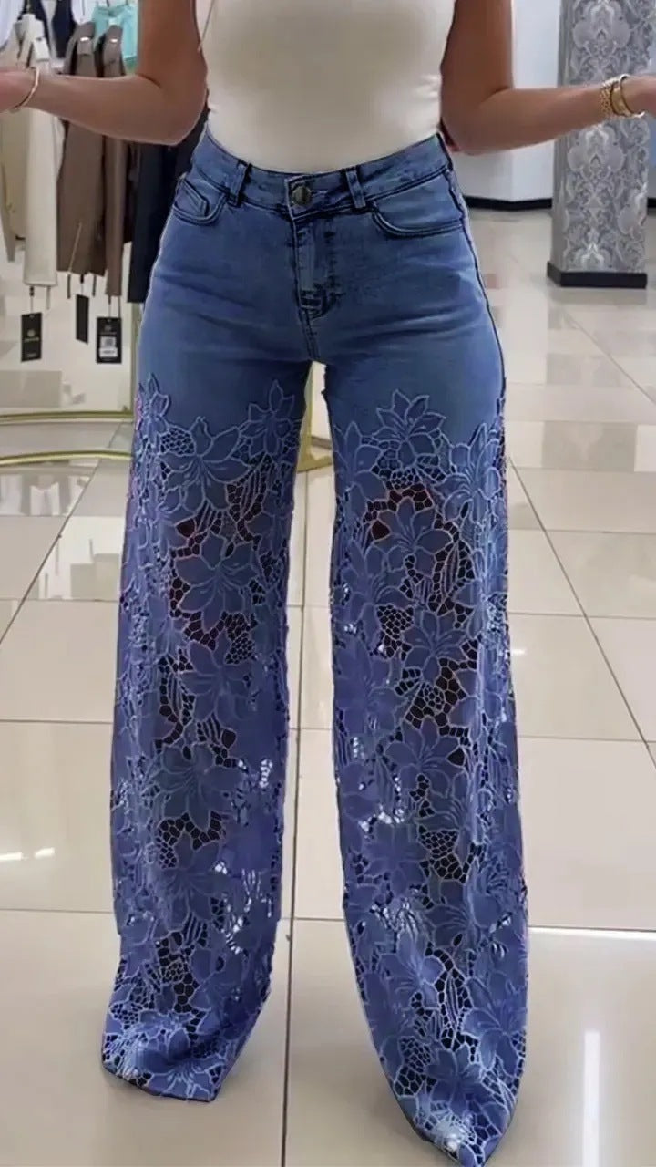 New Y2K Lace Flowers Hollow Jeans Fashion High Waist Straight Wide Leg Pants Solid Color Trousers Women's Clothing