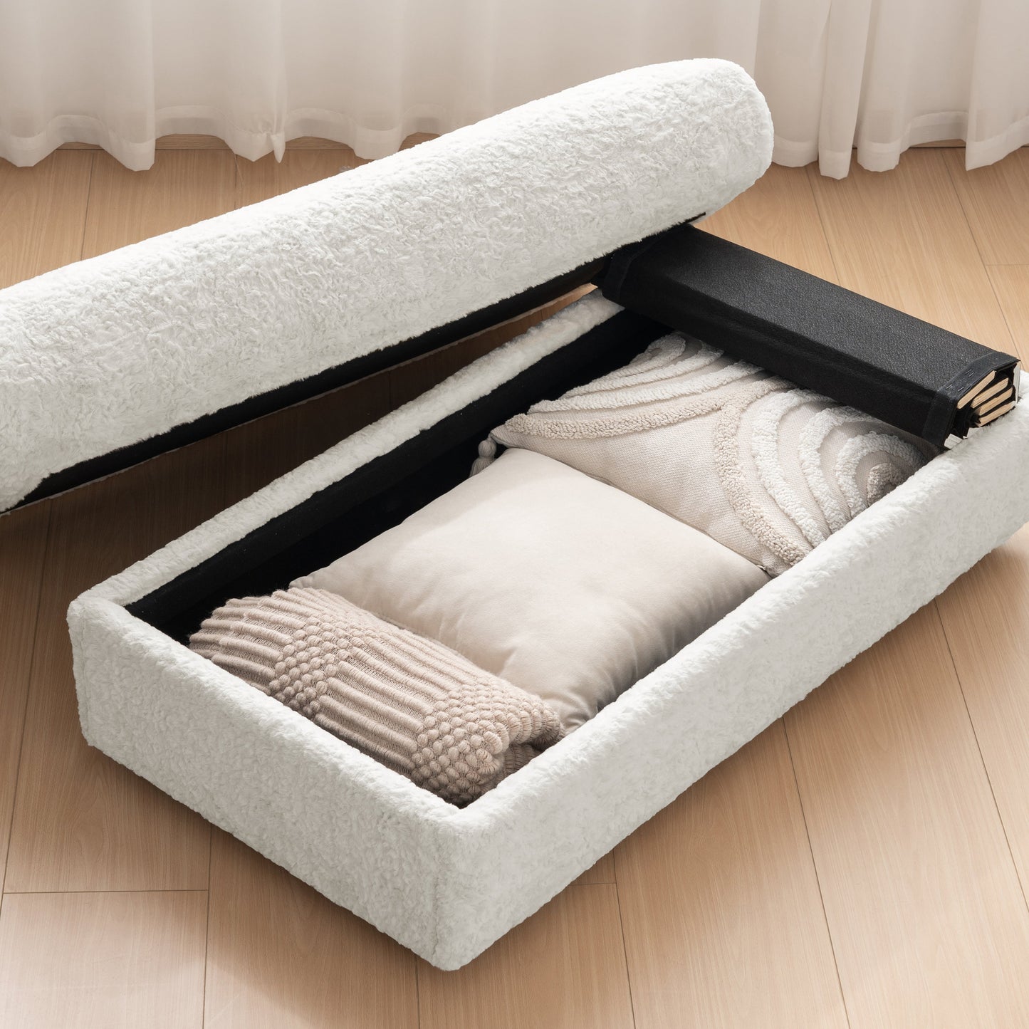 NEW Luxurious Faux Rabbit Fur Oversized Chaise Lounge Sofa Bed with Storage Ottoman Armrests and Cup Holders