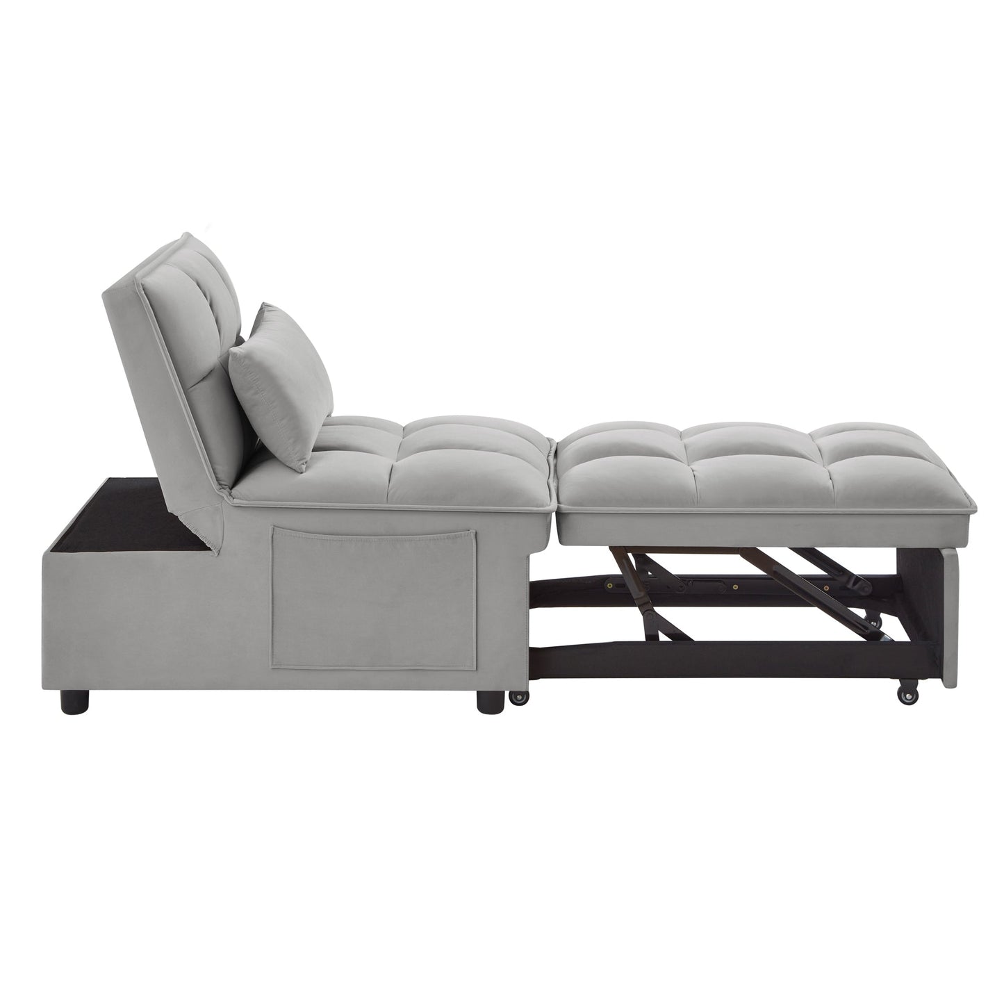 NEW 4 in 1 Multi-Function Grey Tufted Single Convertible Chaise Lounge Pull-Out Sofa Bed with Storage Pockets with Adjustable Backrest and Pillows