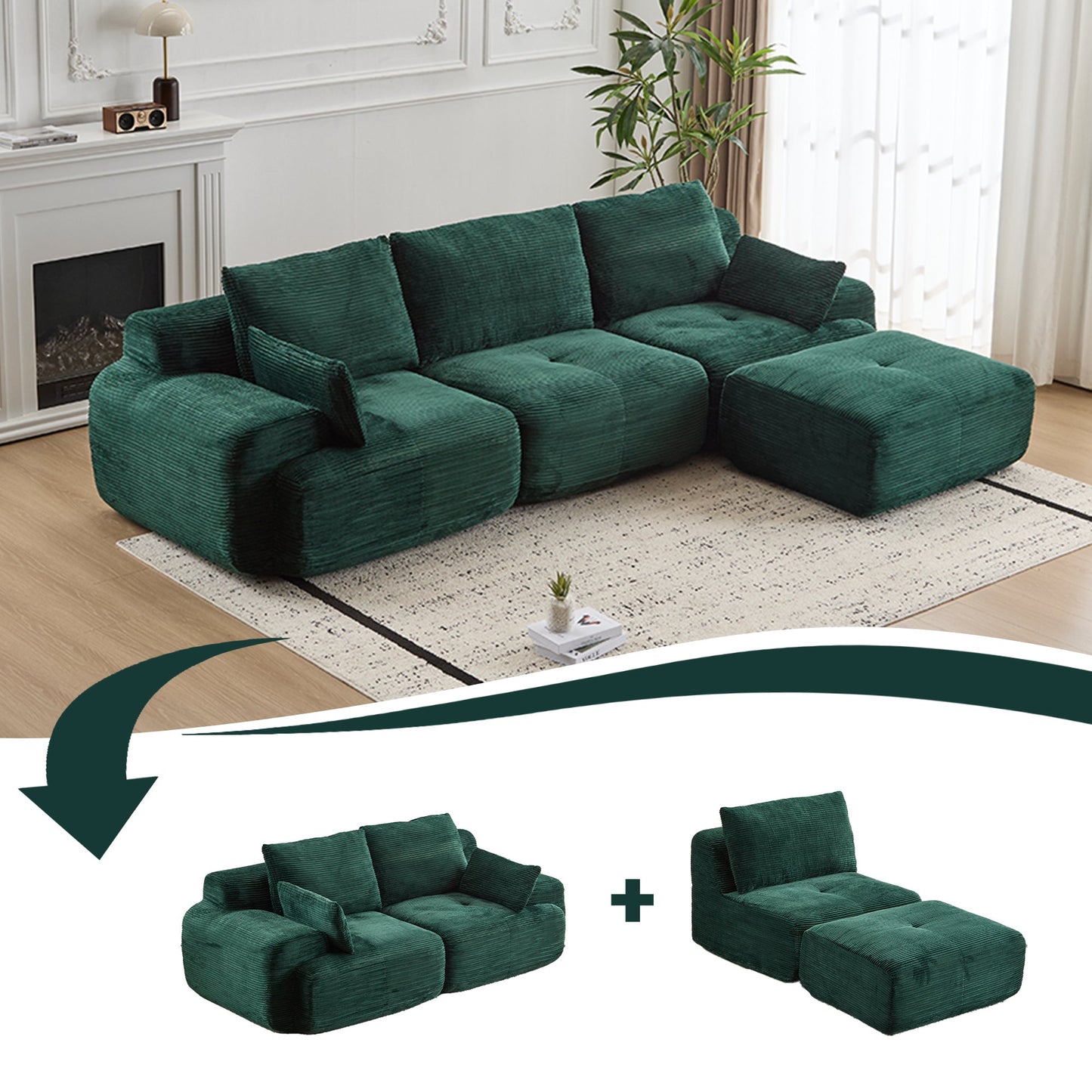 NEW Modern Memory Foam Compressed Sofa,Large Sectional Couches for Living Room,Pet-Friendly Cloud Modular Sectional Sofa,Corduroy Fabric,Extra Deep Loveseat,No assembly required,Green