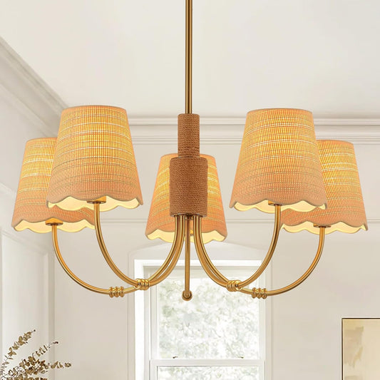 NEW Antique Brass Boho Rattan Chandelier Pendant Dimmable