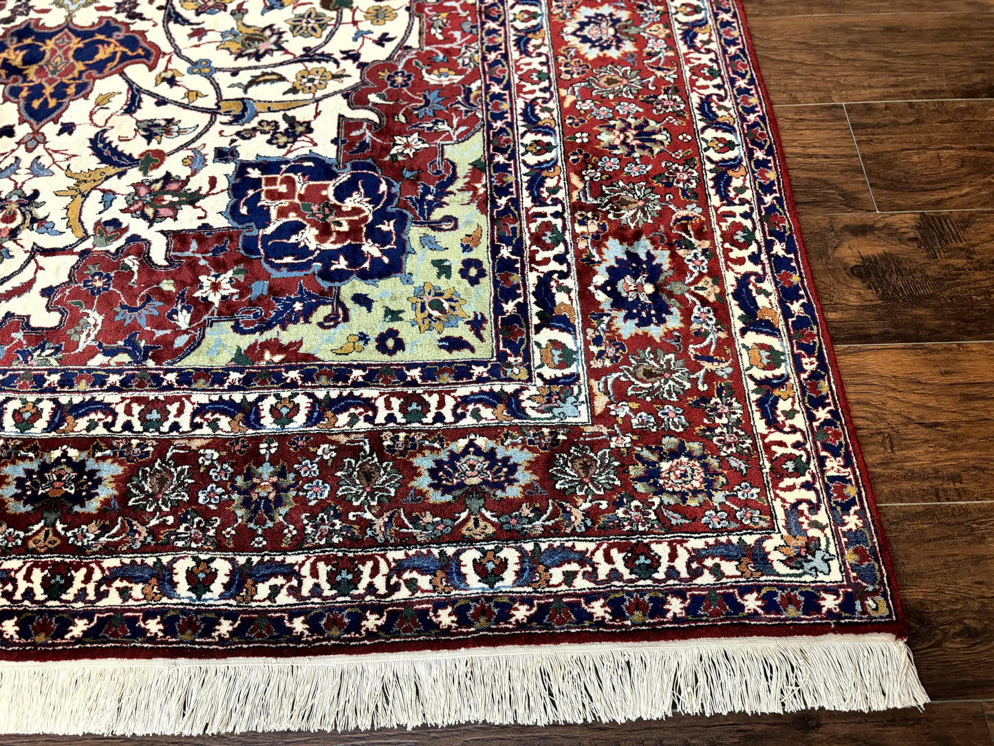 USED Wonderful Persian Isfahan Rug 7x9, Ivory Navy Blue Red, Floral Medallion, Very Finely Hand Knotted 260 KPSI, Handmade Wool Vintage Rug
