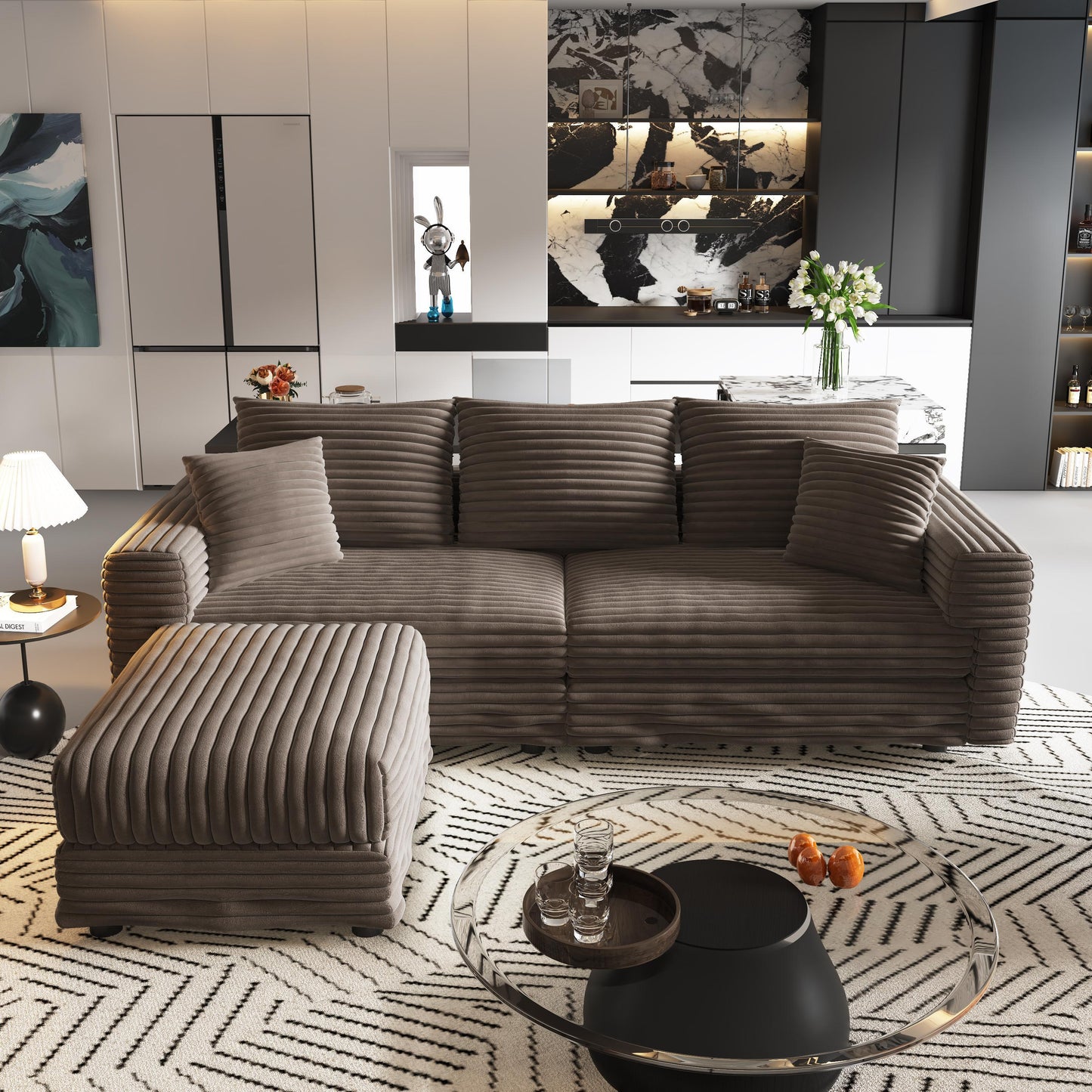 NEW 82.7' Modern Camel Plush Corduroy Comfy Upholstered 3-Seat Sofa Comfy Upholstered Cloud Deep Seat Couch with Soft Pillows and Ottoman