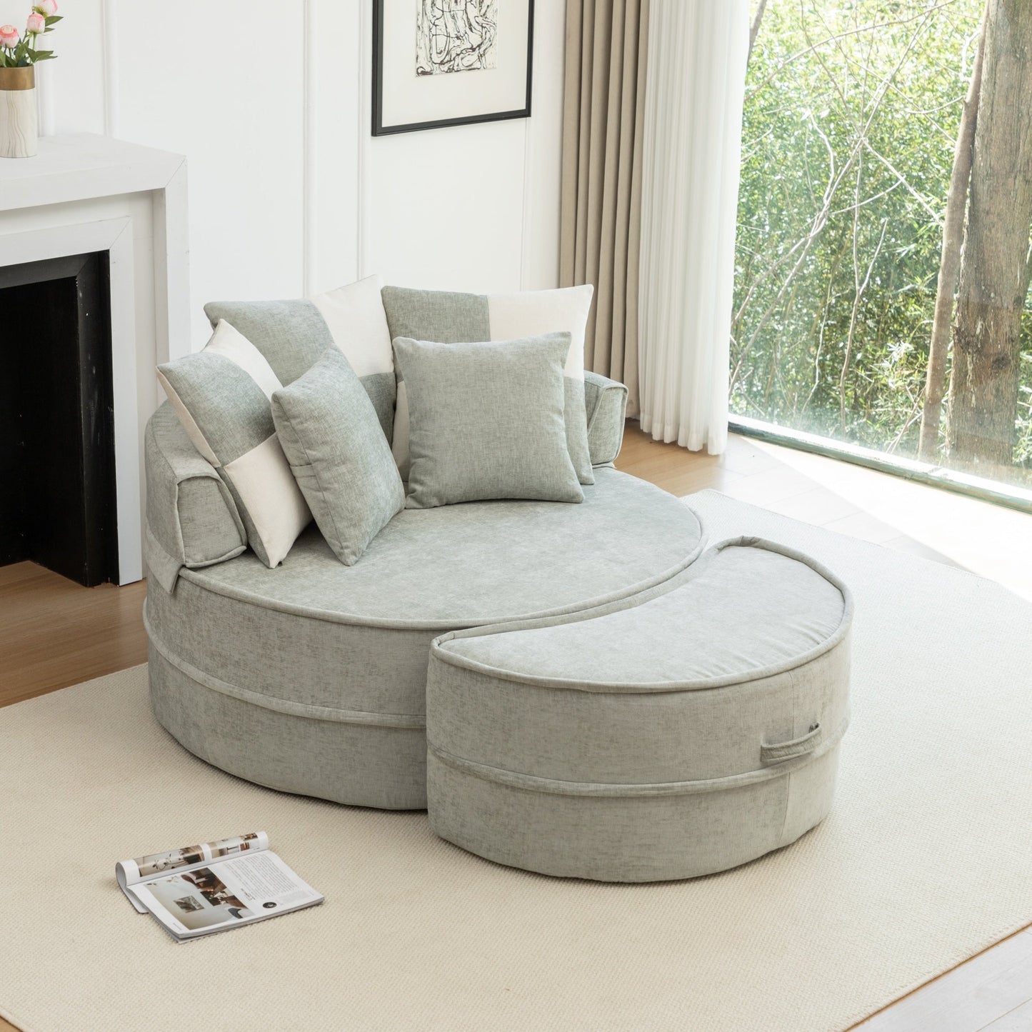 NEW Modern Oversized Blue Round Barrel Accent Chair with Ottoman - Velvet Upholstered Lounge Armchair with 5 Pillows for Living Room or Bedroom