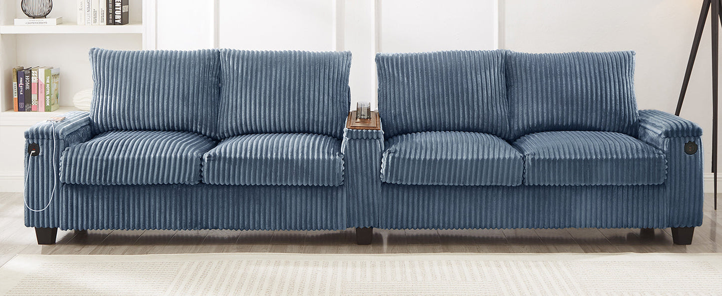 NEW Modern 4-Seater Corduroy Sofa Couch with USB Ports, Hidden Storage, Flip-Top Cup Holders, Blue, 133'