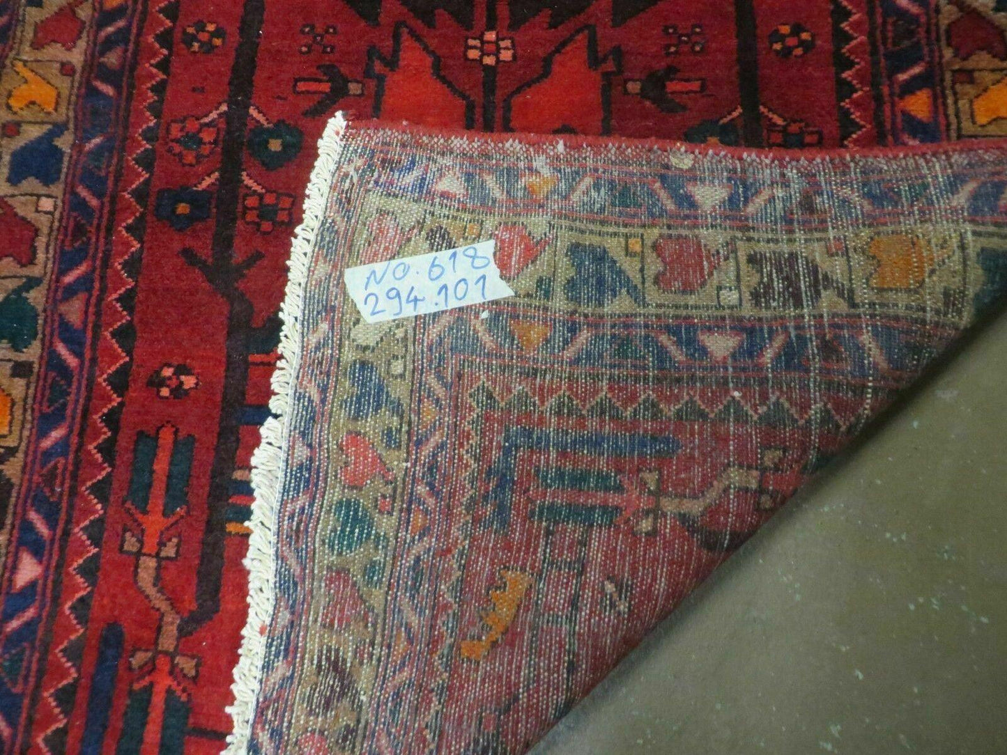 USED Antique Persian Hamadan Runner 3.4 x 9.7 -  Wool, Red and Navy Blue
