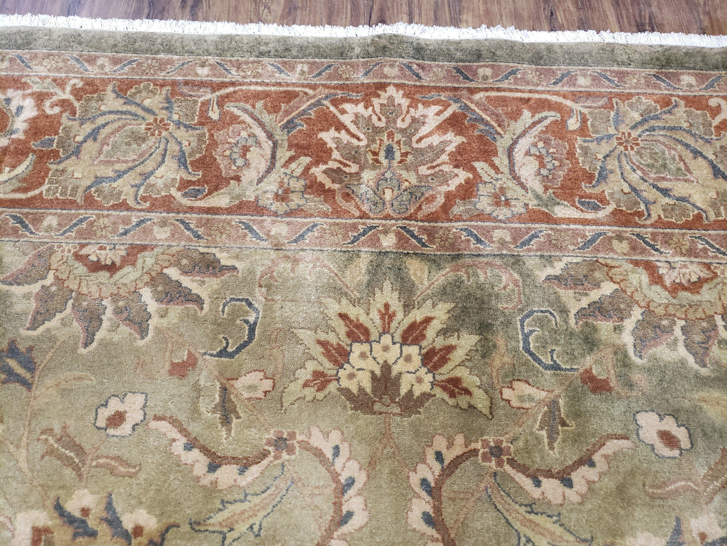 USED Vintage Indo Mahal Area Rug 9x12, Wool Hand-Knotted Laurel Green & Auburn Indian Carpet, 9 x 12 Floral Carpet, Living Room Rug