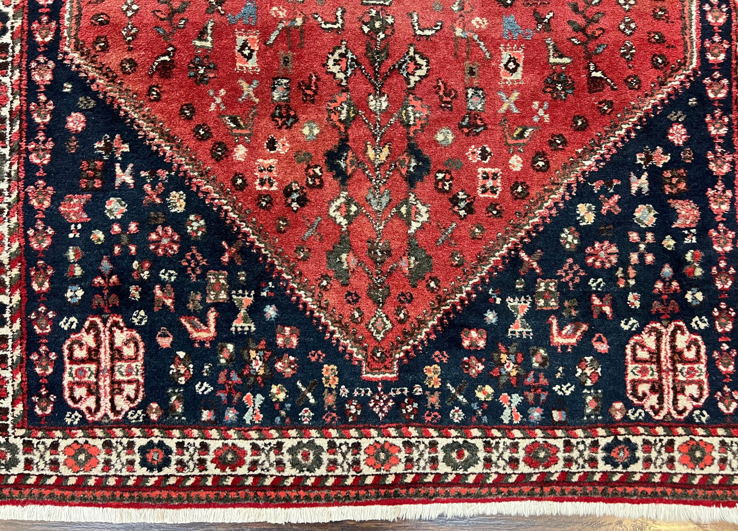 USED Persian Tribal Rug 3.6 x 5 ft, Persian Abadeh Rug, Geometric Medallion Bird Motifs, Red and Navy Blue Hand Knotted Handmade Wool Vintage Oriental Carpet