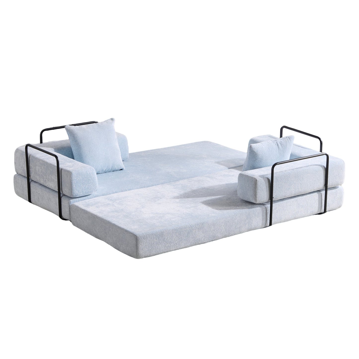 NEW Light Blue Chenille Fabric Floor Couch Compression Convertible Sofa Bed with Pillow Back Support Armrest Comfy Futon Couch Lounge Sleeper Bed