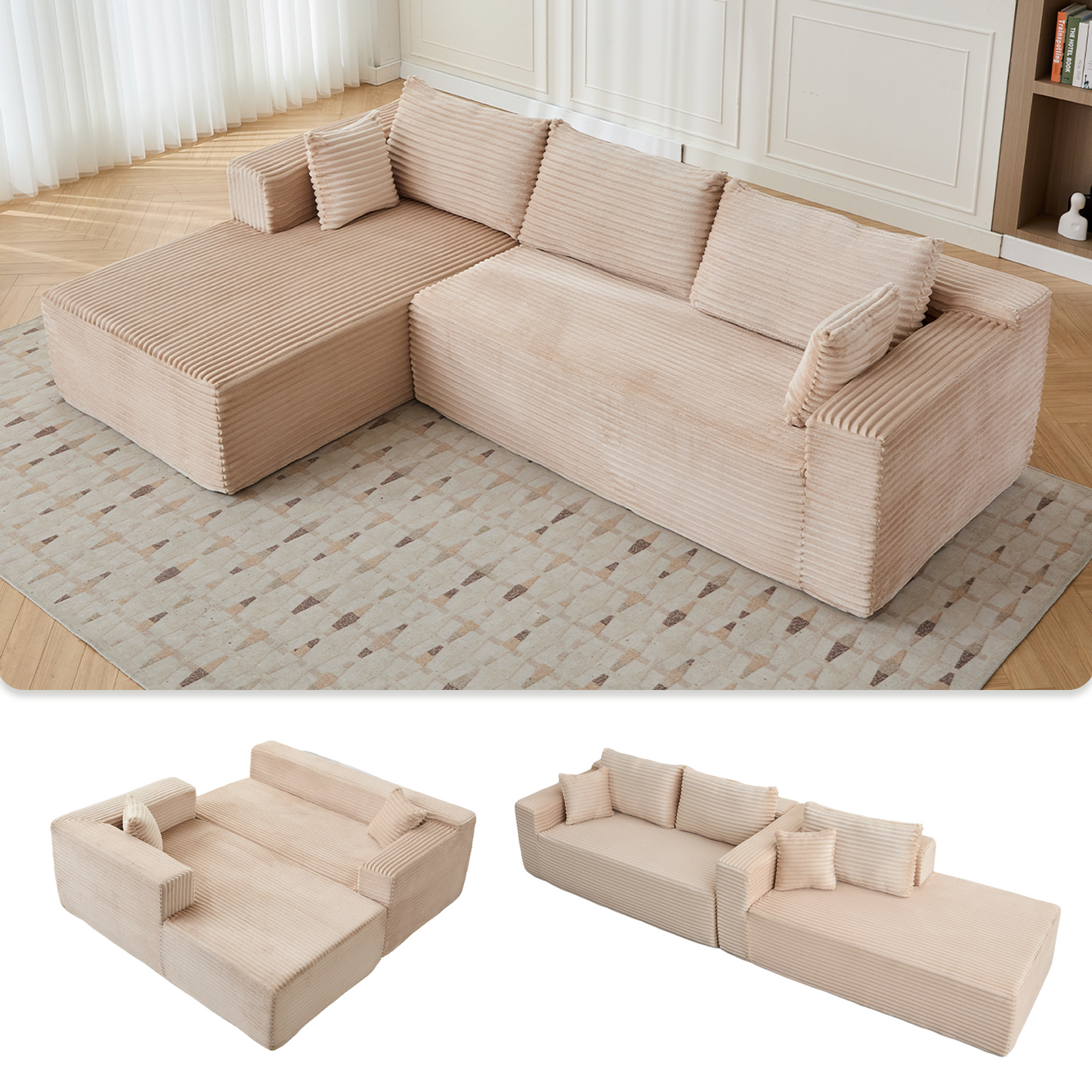 NEW Compression Sectional Couch with Comfy Chaise, Boneless L Shape Sofa with Deep Seat, Minimalist Modular Couches Sleeper for Living Room Bedroom Apartment Lounge,corduroy,Beige