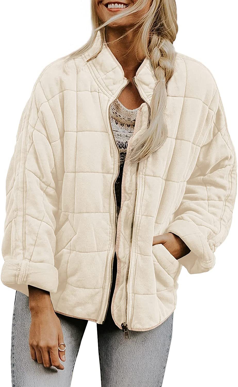 New Winter Zip-up Stand Collar Coat With Pockets Fashion Solid Color Plaid Long Sleeved Jacket Women's Clothing