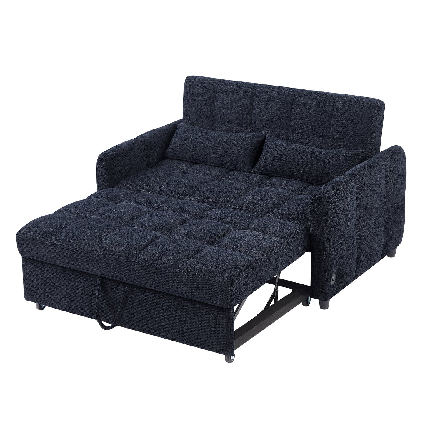 NEW Modern Loveseat Sofa Pull-out Bed with Adjustable Backrest, USB Ports, Lumbar Pillows, Blue Chenille, 52.8'