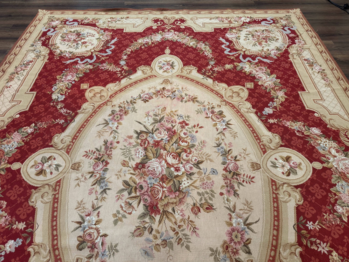 USED Aubusson Rug 8x11, Needlepoint Carpet, Red Ivory Beige, Vintage, French European Design